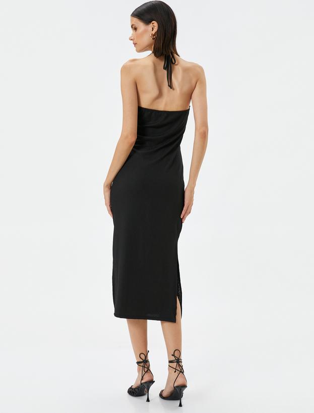   Rochie midi tricotată, cu despicătură, cu gât înalt