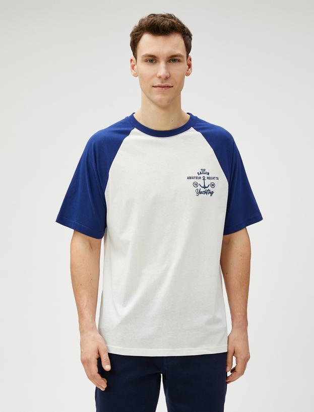   Tricou marinăresc din bumbac cu mâneci raglan, guler rotund, cu broderie