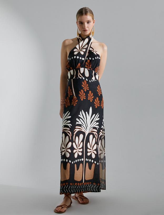  Rochie maxi cu model etnic, cu cordon la gât
