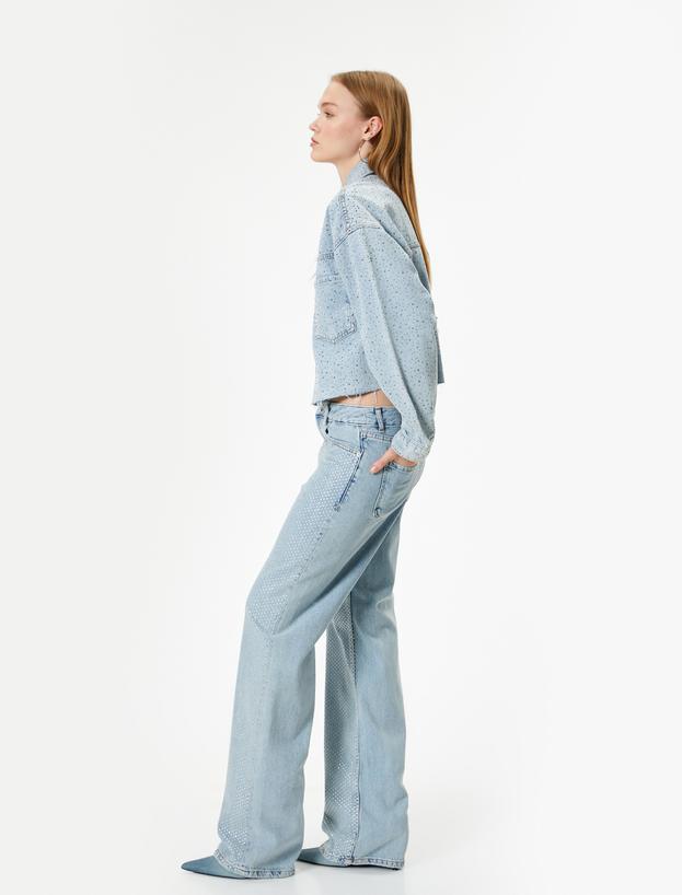   Pantaloni din denim cu ștrasuri, talie joasă, croială dreaptă - Blugi Nora Longer Straight