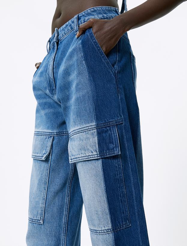   Pantaloni din denim cargo cu croială largă, talie înaltă, cu buzunare, culoare dublă - Blugi Bianca Wide Leg