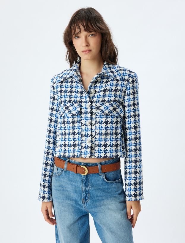   Jachetă Crop din Tweed cu Guler Cămașă